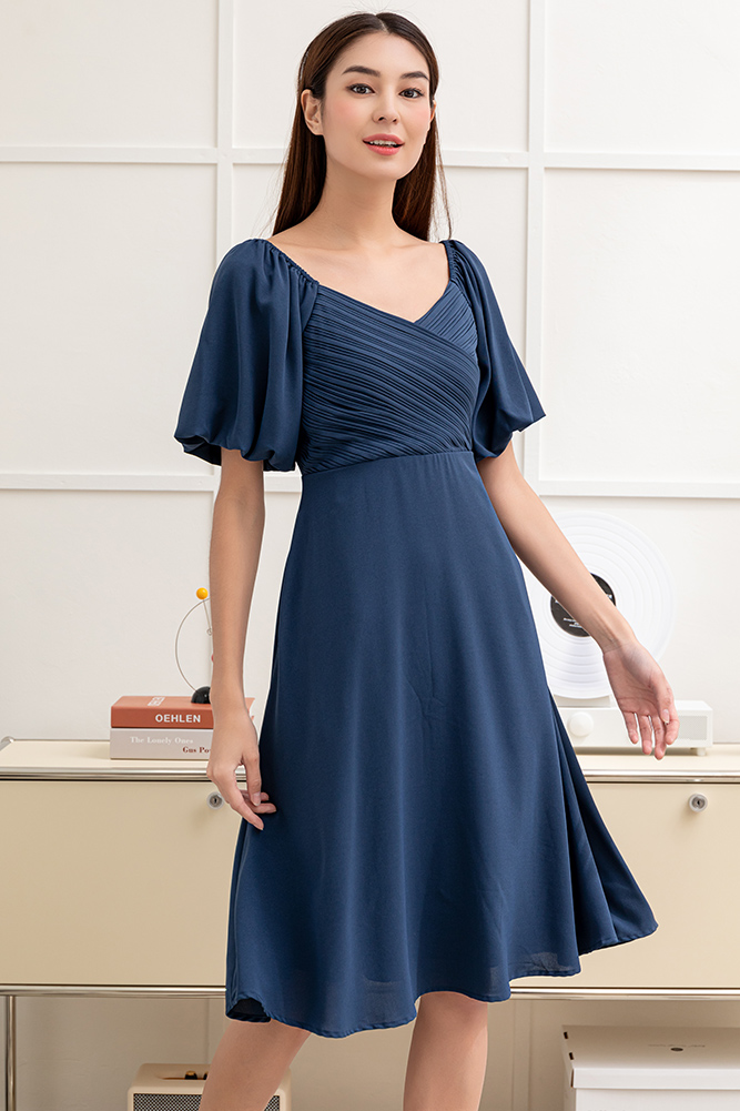 Yasmine Bubble Sleeved Dress (Navy Blue) | Faire Belle