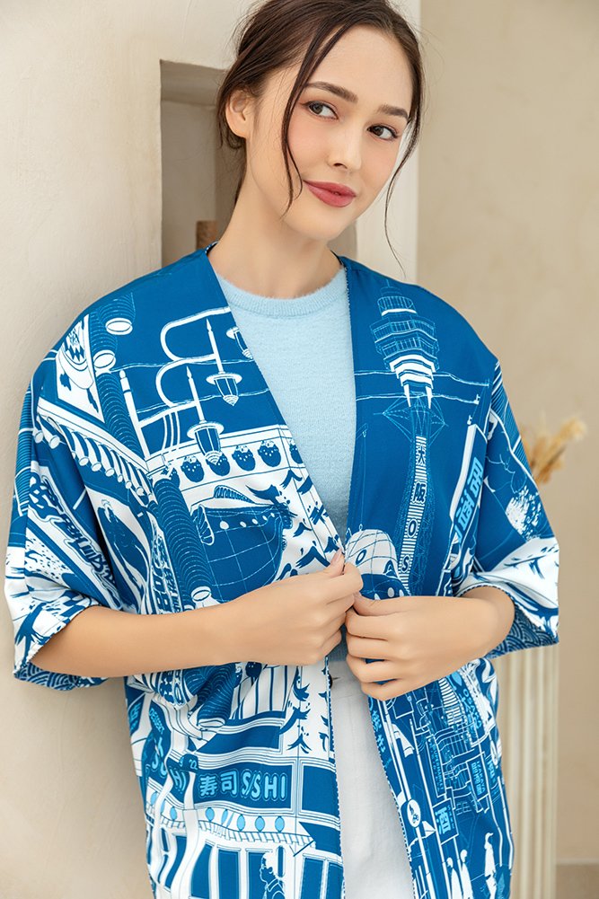 Blue and hotsell white kimono jacket