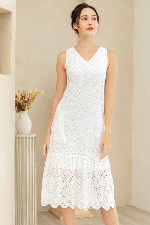 Juliette Eyelet Midi Dress (White)