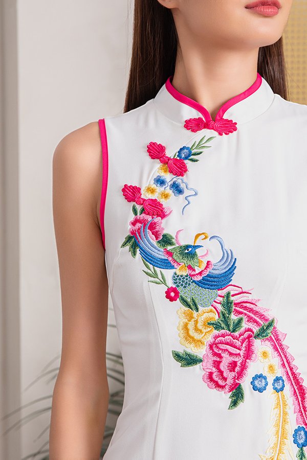 Order Of The Phoenix Embroidery Cheongsam Dress (White)