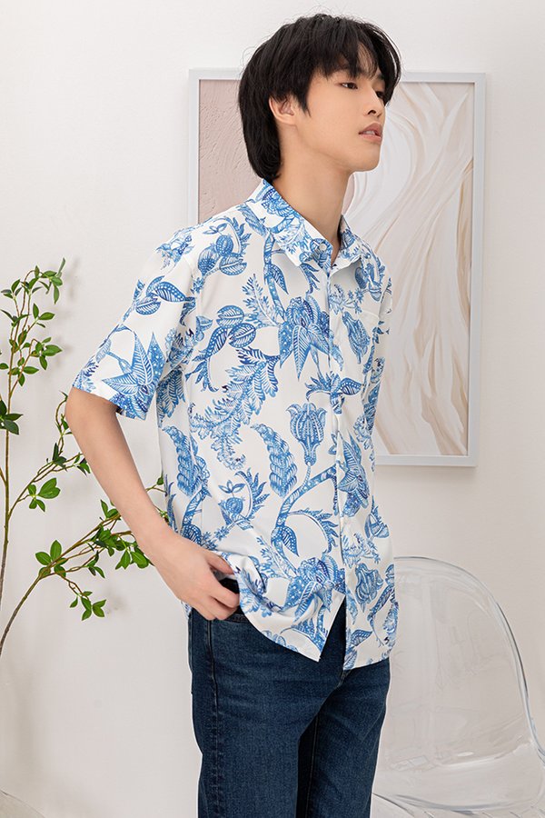The Lost Flora Of Sanur Batik Short Sleeved Shirt (Porcelain Blue)
