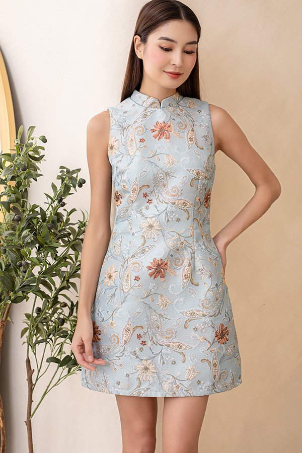 Spring Quartet Jacquard Cheongsam Dress (Aqua Sky)