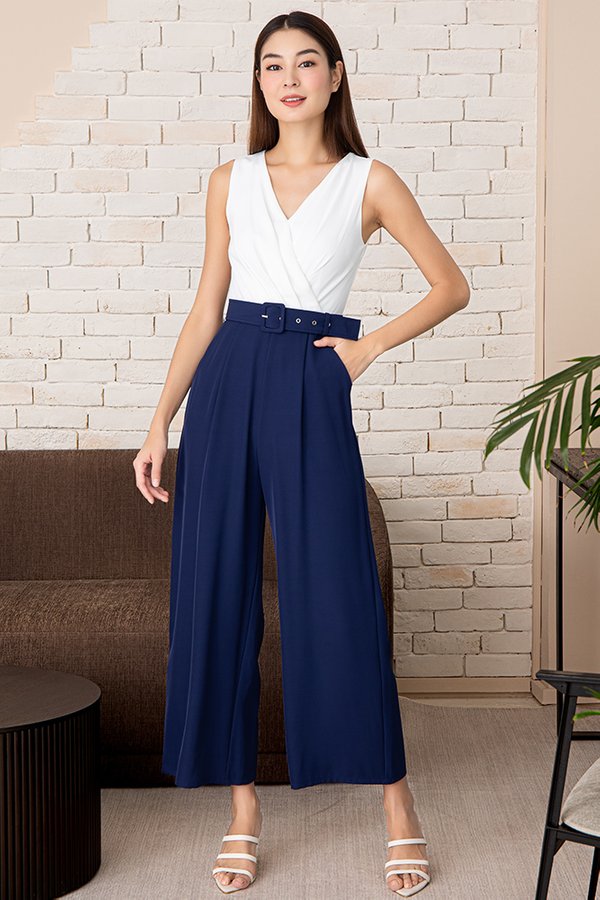 Calista Ruched Jumpsuit (White/Navy Blue)