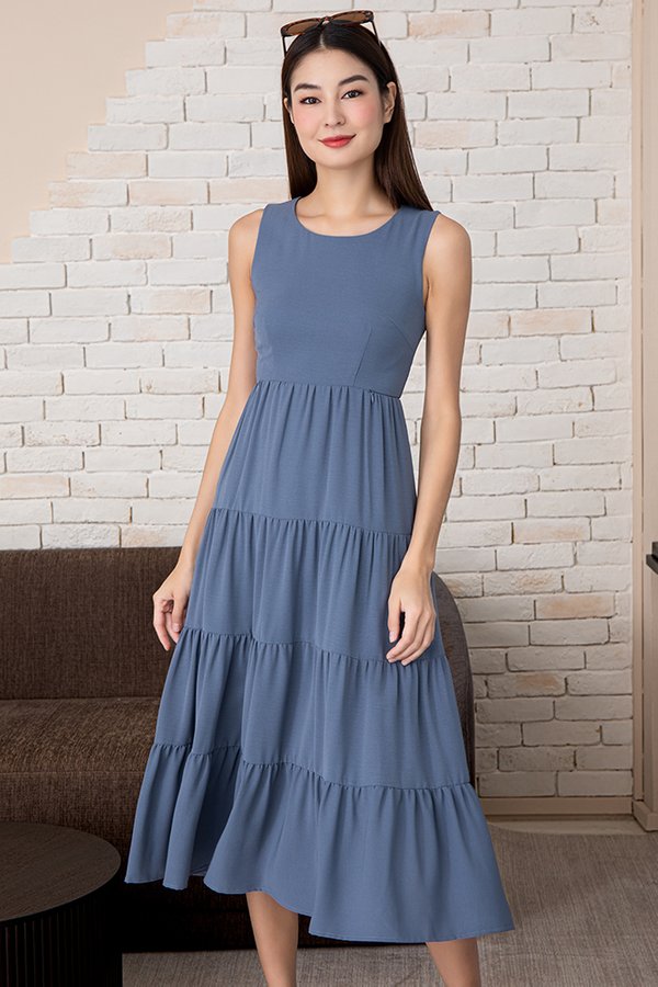 Aimee Tiered Midaxi Dress (Ash Blue)