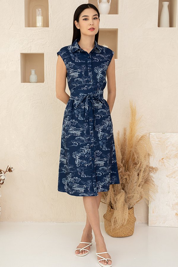 Kinkaku-ji Midi Shirt Dress (Navy)