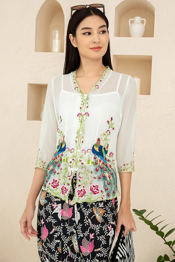 Peacocks & Blossoms Nyonya Kebaya (White)