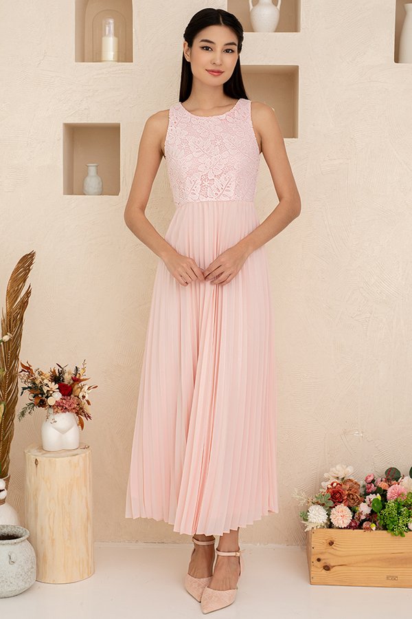 Aurora Pleated Crochet Maxi Dress (Rose Quartz)