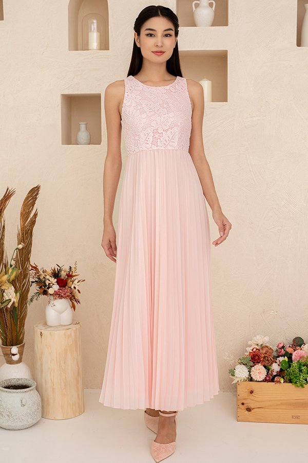 Aurora Pleated Crochet Maxi Dress (Rose Quartz)