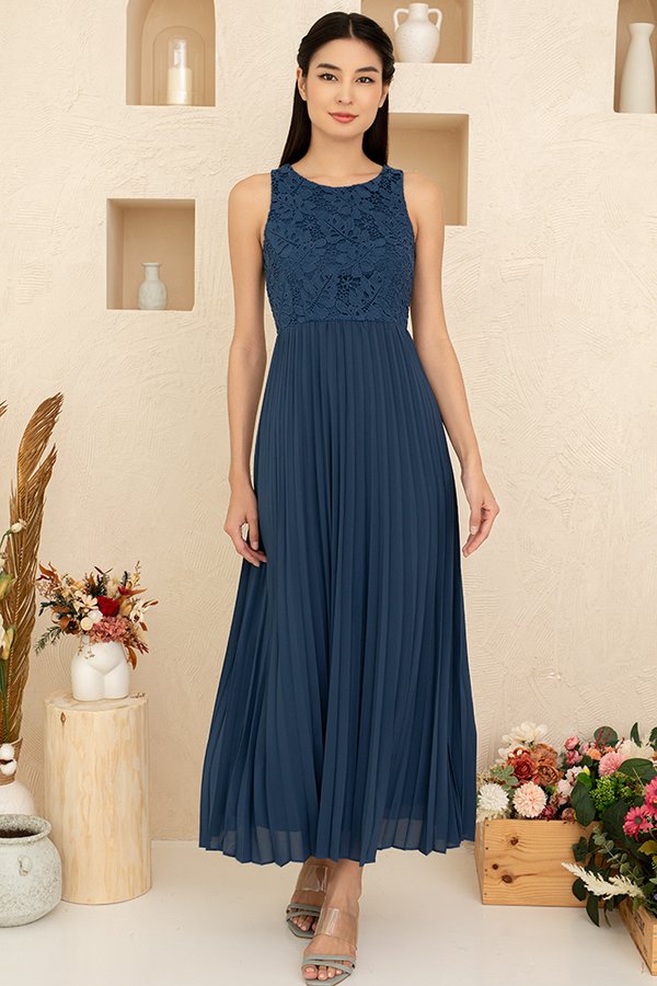 Aurora Pleated Crochet Maxi Dress (Royal Navy)