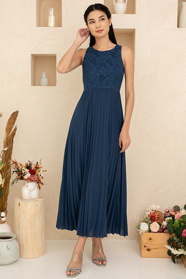 Aurora Pleated Crochet Maxi Dress (Royal Navy)