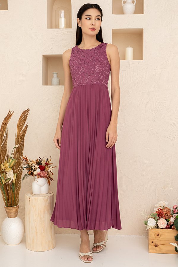 Aurora Pleated Crochet Maxi Dress (China Rose)