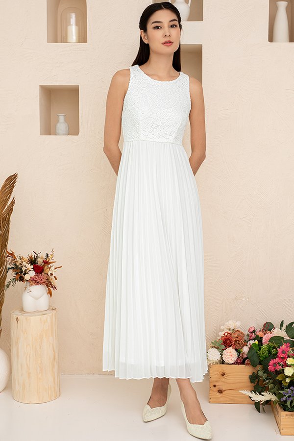 Aurora Pleated Crochet Maxi Dress (Pure White)