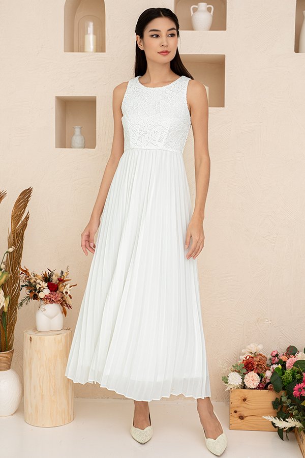 Aurora Pleated Crochet Maxi Dress (Pure White)