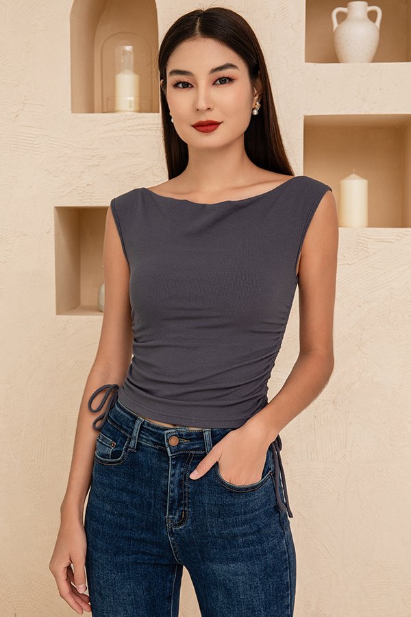 Blanche Padded Two-Way Ruched Top (Gun Metal)