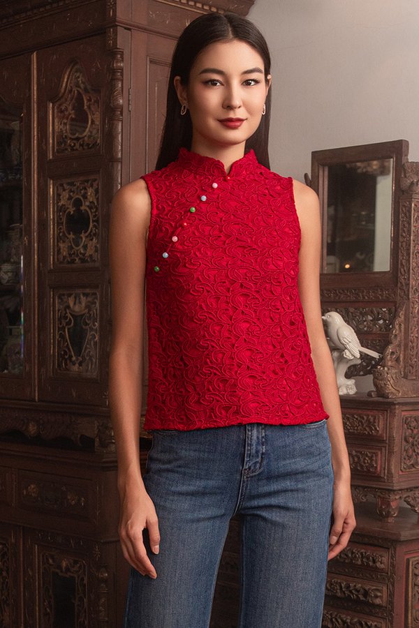 Puteri Tasmia Crochet Cheongsam Top (Crimson)