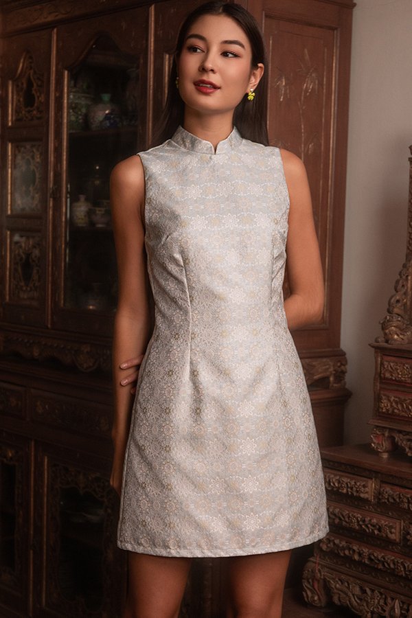 The Golden Chrysanthemum Brocade Cheongsam Dress (Misty Jade)