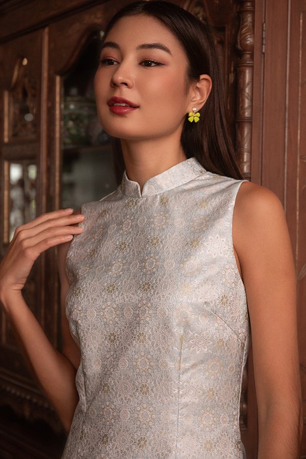 The Golden Chrysanthemum Brocade Cheongsam Dress (Misty Jade)