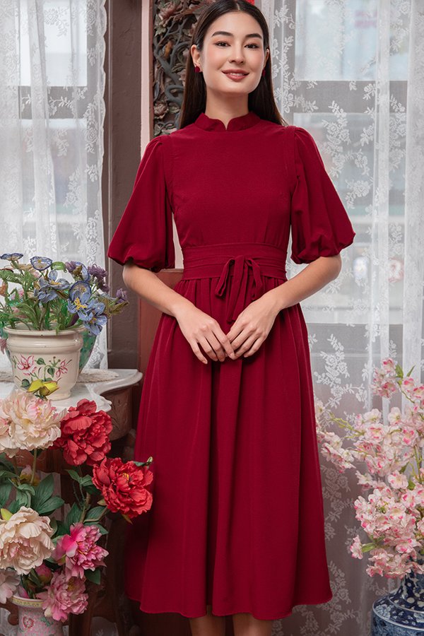 CLEOPHEE MIDAXI CHEONGSAM DRESS W DETACHABLE BUBBLE SLEEVES (WINE RED)