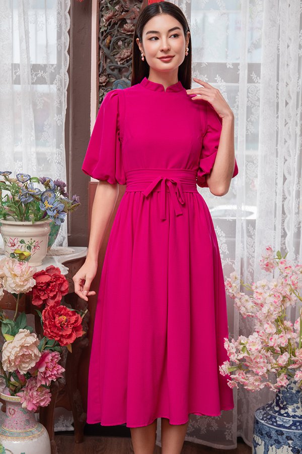 CLEOPHEE MIDAXI CHEONGSAM DRESS W DETACHABLE BUBBLE SLEEVES (FUCHSIA PINK)