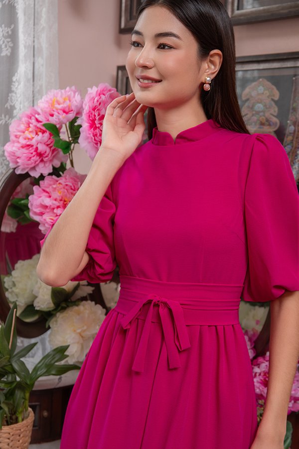 CLEOPHEE MIDAXI CHEONGSAM DRESS W DETACHABLE BUBBLE SLEEVES (FUCHSIA PINK)