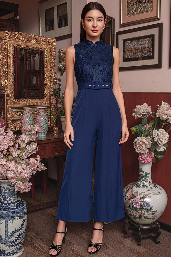 STARLIT SERENADE VELVET LACE CHEONGSAM JUMPSUIT (FRENCH NAVY)