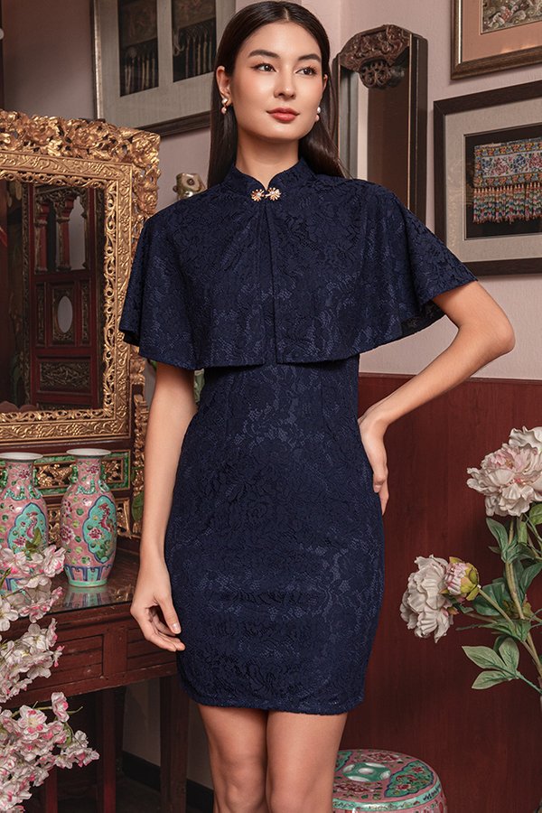 LUNA VEIL LACE DRESS W CAPE (DEEP NAVY)