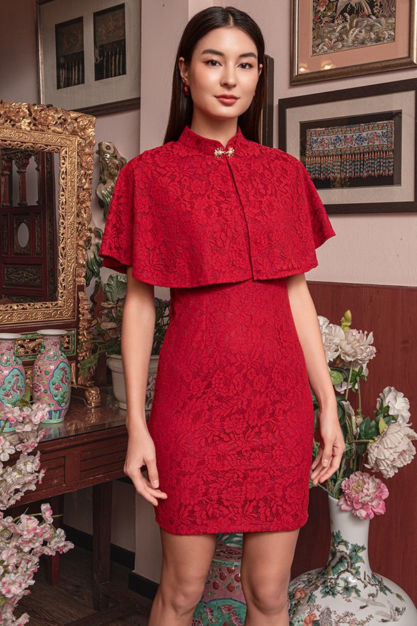 LUNA VEIL LACE DRESS W CAPE (WINE RED)