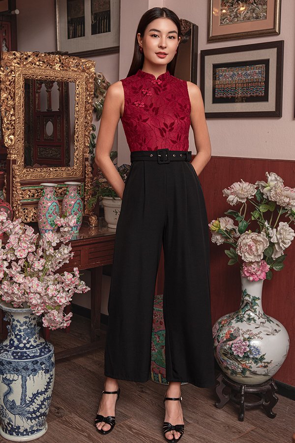 STARLIT SERENADE VELVET LACE CHEONGSAM JUMPSUIT (RAVEN GARNET)