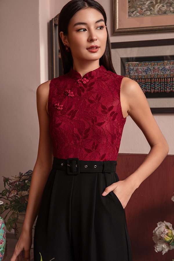 STARLIT SERENADE VELVET LACE CHEONGSAM JUMPSUIT (RAVEN GARNET)