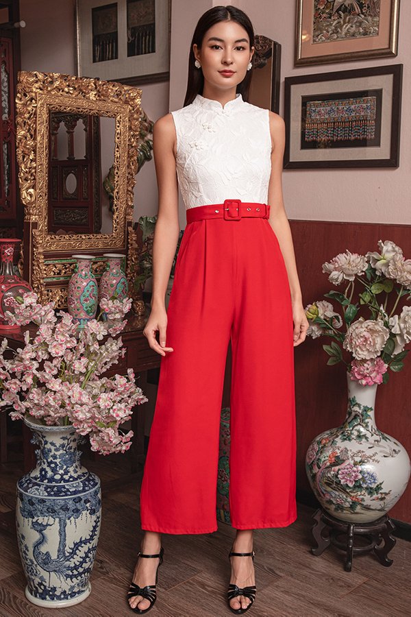 STARLIT SERENADE VELVET LACE CHEONGSAM JUMPSUIT (MANDARIN FROST)