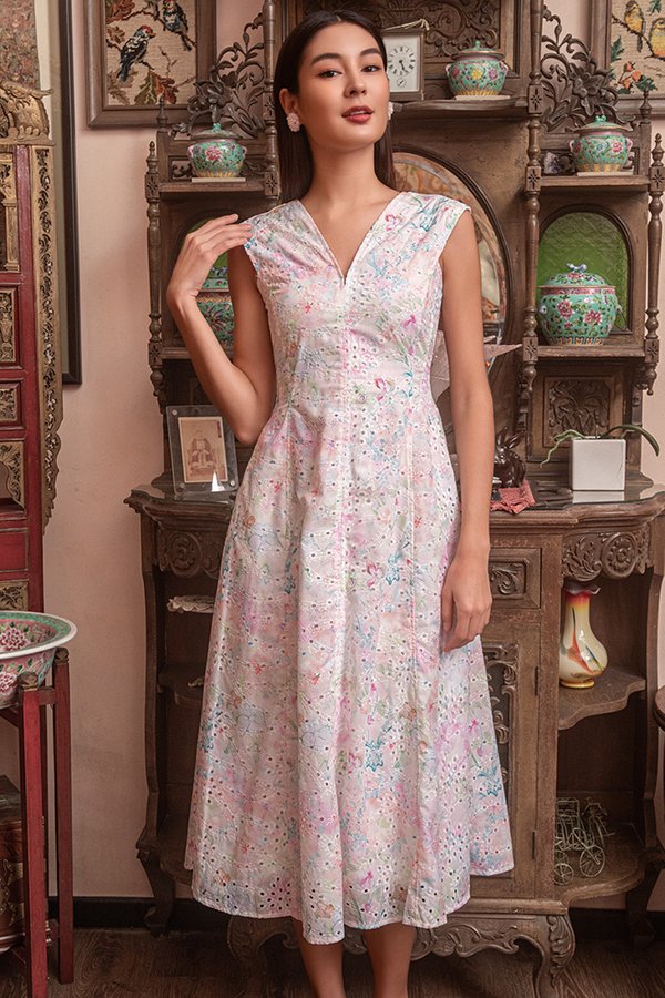 ETHEREAL MIRAGE FIT & FLARE EYELET DRESS (SUNLIT BLOSSOM)