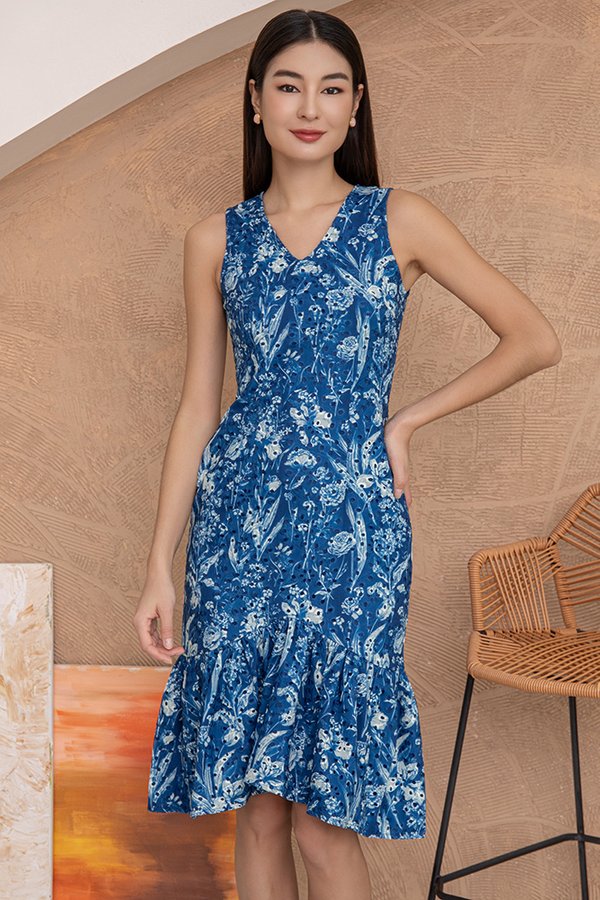 Millicent Printed Eyelet Mermaid Dress (Chinoiserie Blue)