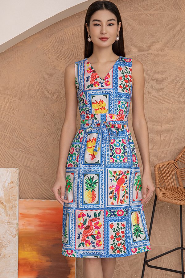 Chiara Printed A-Line Dress (Tropicana Blue)