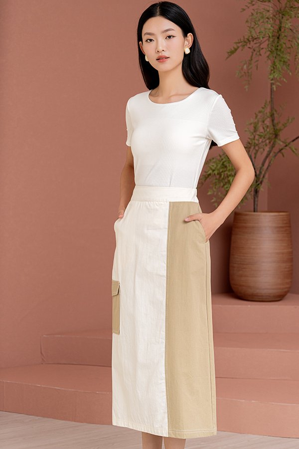 PIPER MIDI CARGO SKIRT (WHITE/KHAKI)