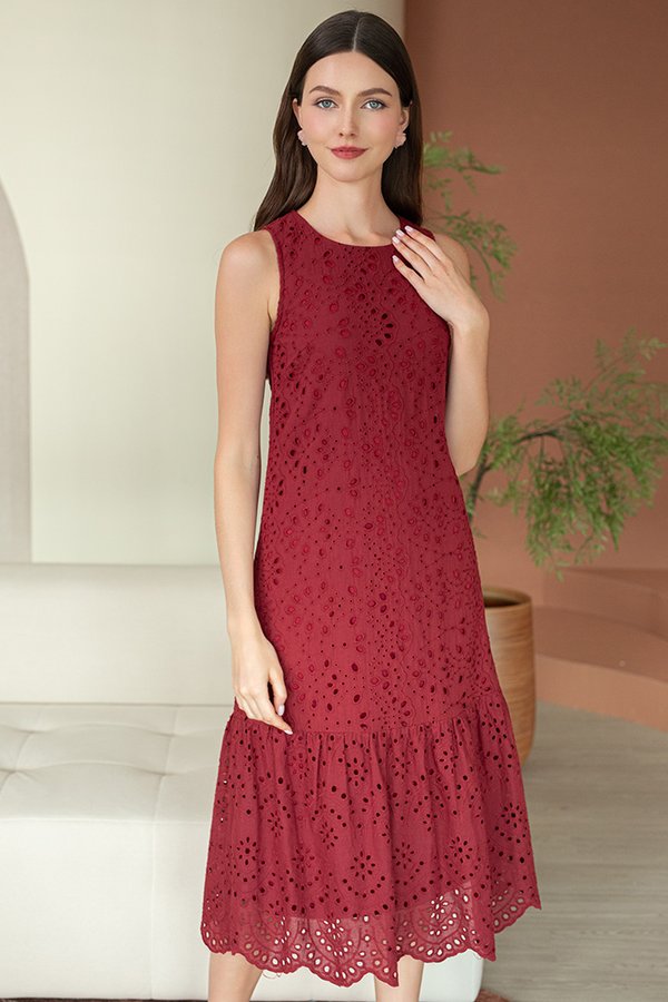 FLAVIE EYELET MIDI DRESS (WINE)