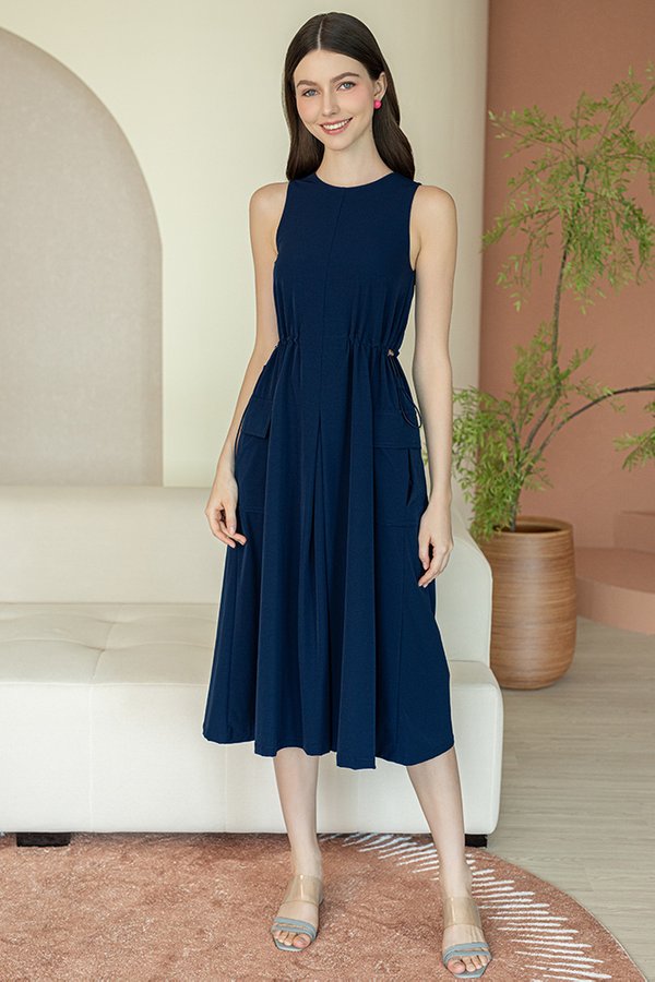 JUNO MIDI DRAWSTRING DRESS (NAVY)
