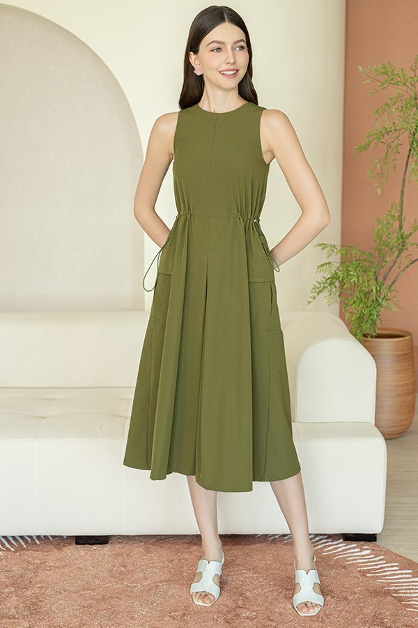 JUNO MIDI DRAWSTRING DRESS (OLIVE)