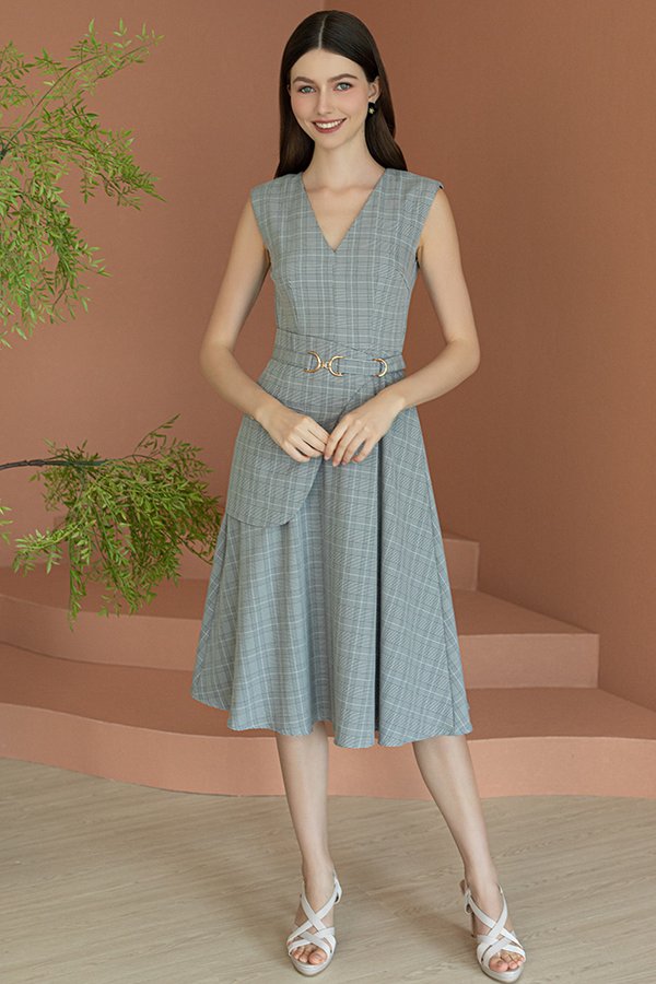 MACPHERSON V NECK FIT & FLARE DRESS (GREY PLAID)