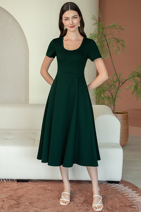 DELPHINE PADDED MIDI FLARE DRESS (DARK FOREST GREEN)