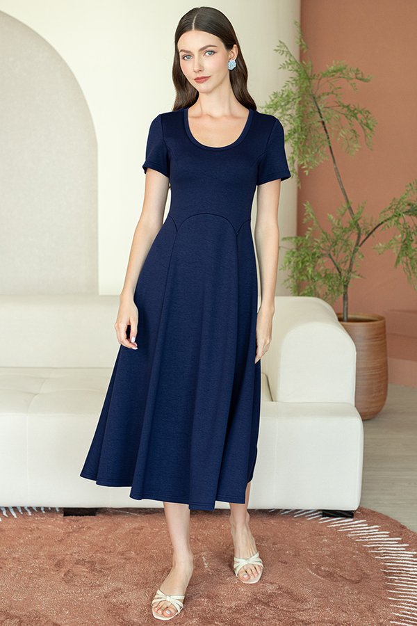 DELPHINE PADDED MIDI FLARE DRESS (NAVY)