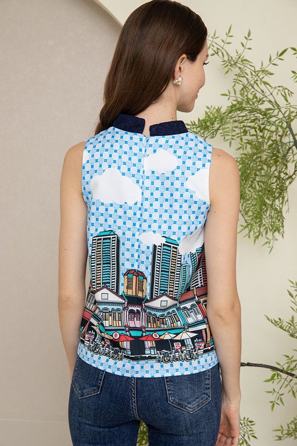 LITTLE RED DOT PRINTED TOP (SKY BLUE)