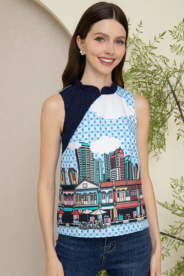 LITTLE RED DOT PRINTED TOP (SKY BLUE)