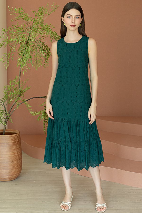 YUKINA EYELET MIDI DRESS (DARK JADE)