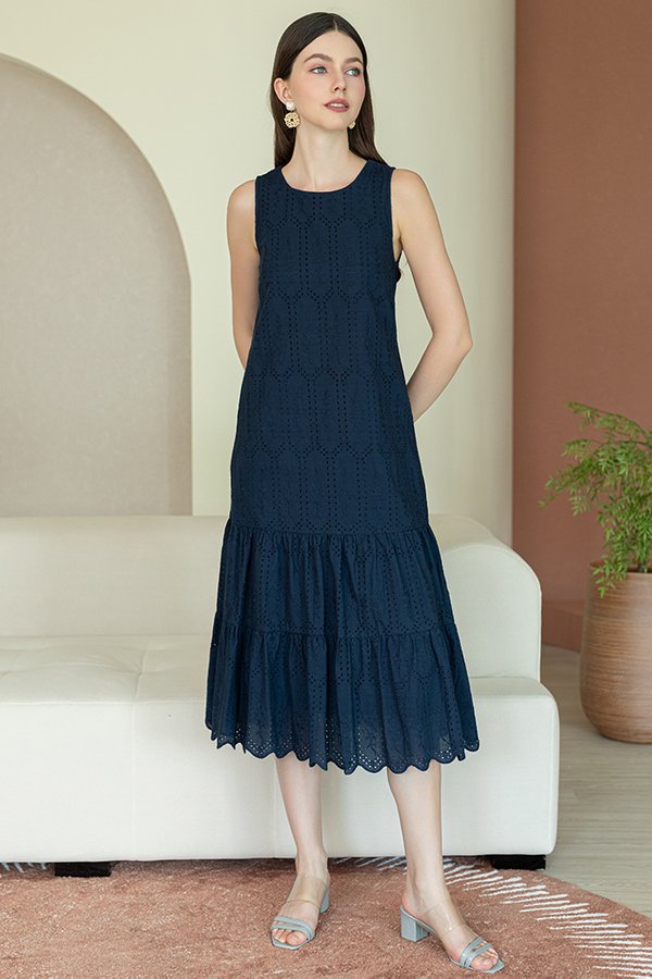 YUKINA EYELET MIDI DRESS (NAVY)