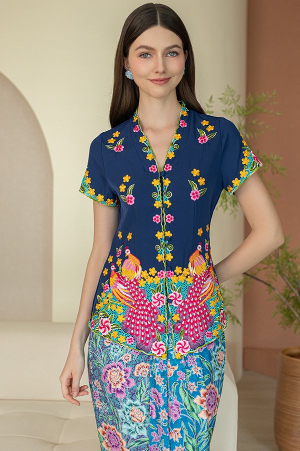 SONGS OF SILK & FEATHERS EMBROIDERY NYONYA KEBAYA (NAVY BLUE)