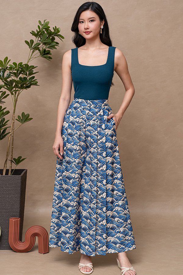 GREAT WAVES OF KANAGAWA PRINTED FLARE PANTS (BLUE)