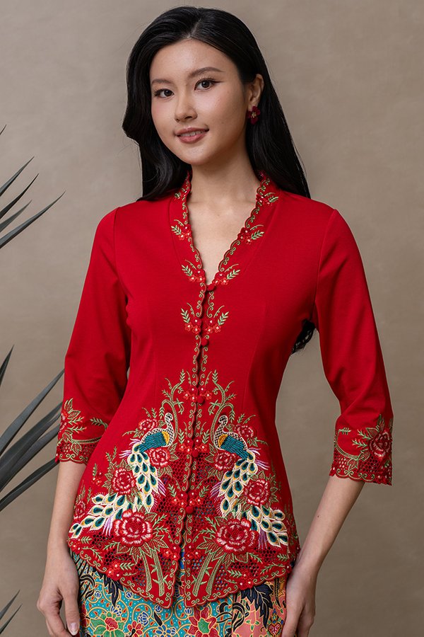 CELESTIAL PLUMES EMBROIDERY NYONYA KEBAYA (CRIMSON)