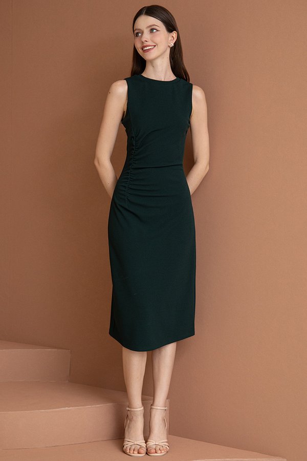OTTOMARI RUCHED MIDI DRESS (DARK EMERALD)