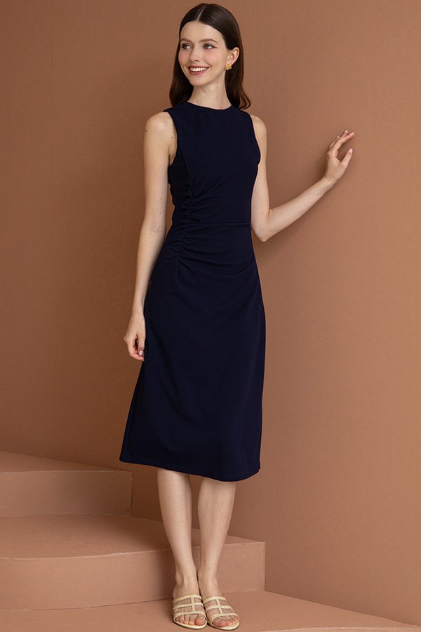 OTTOMARI RUCHED MIDI DRESS (DARK NAVY)