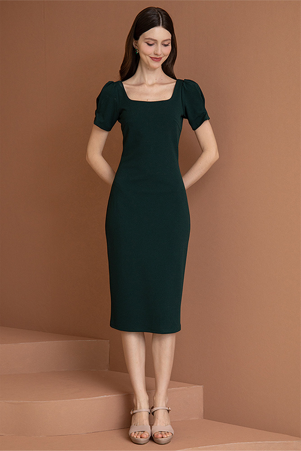 LEXNER SQUARE NECK DRESS (DARK FOREST GREEN)